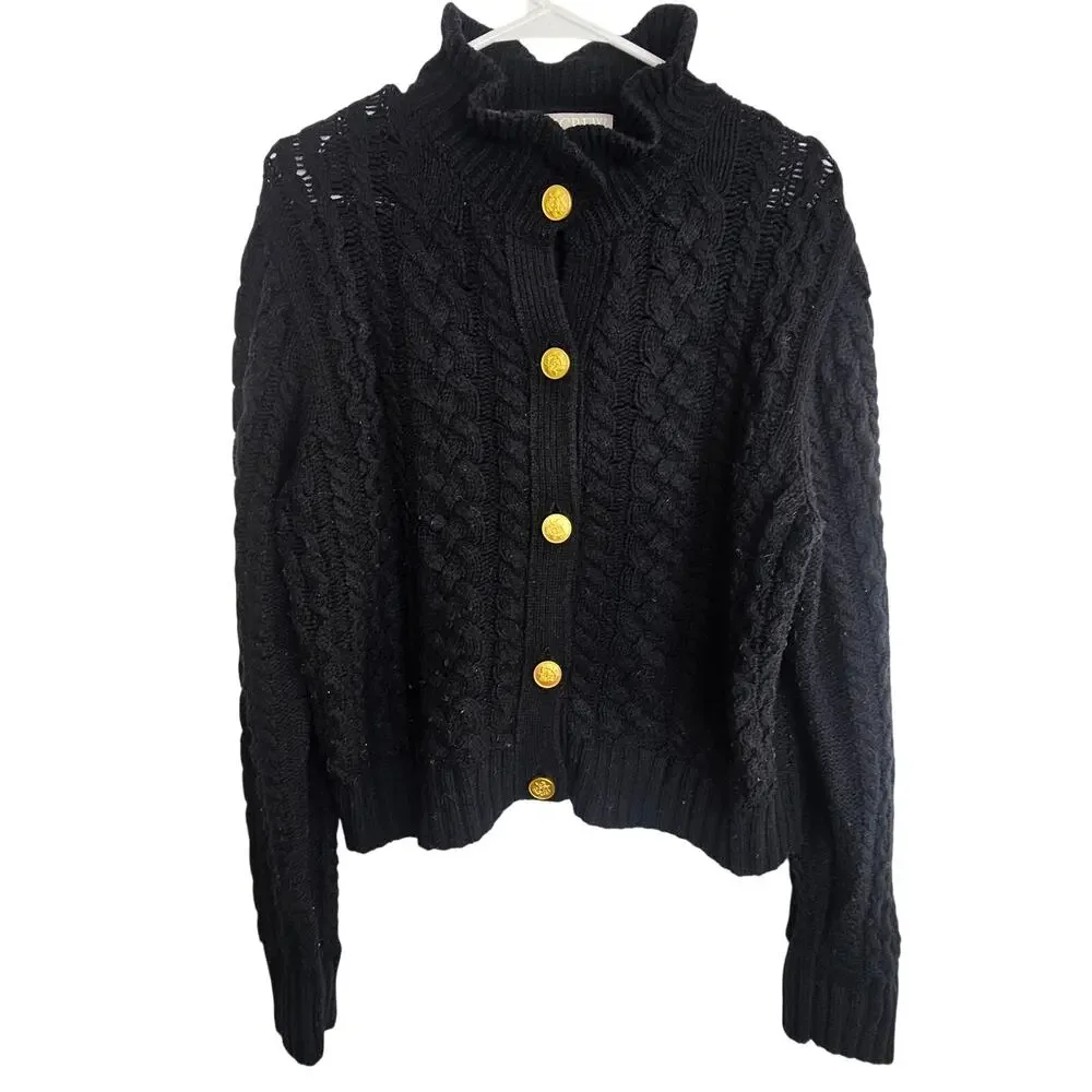J. Crew Womens Cable Knit Ruffle Neck Cardigan Sweater Size L Lambswool Classic